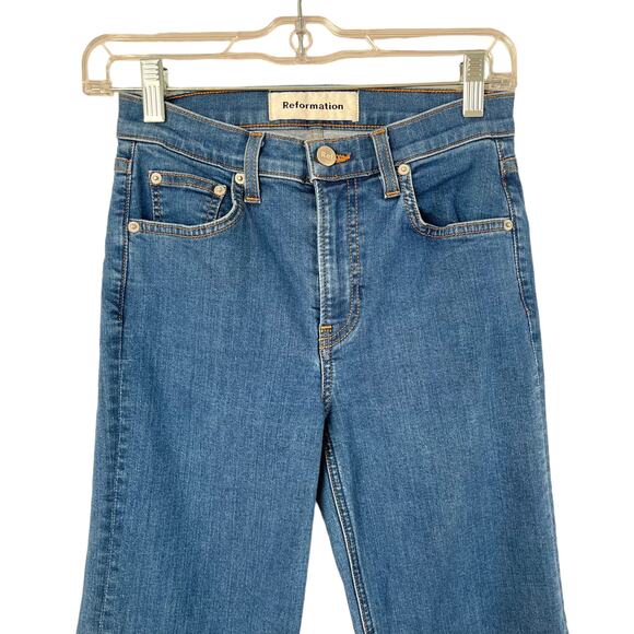 Reformation Flare Leg High Rise Cropped PJ Jeans in True Blue Wash Women Size 26 - Picture 7 of 16